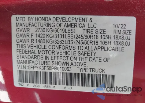 2023 Honda Ridgeline Rtl z USA, uszkodzony, nr VIN 5FPYK3F50PB010063